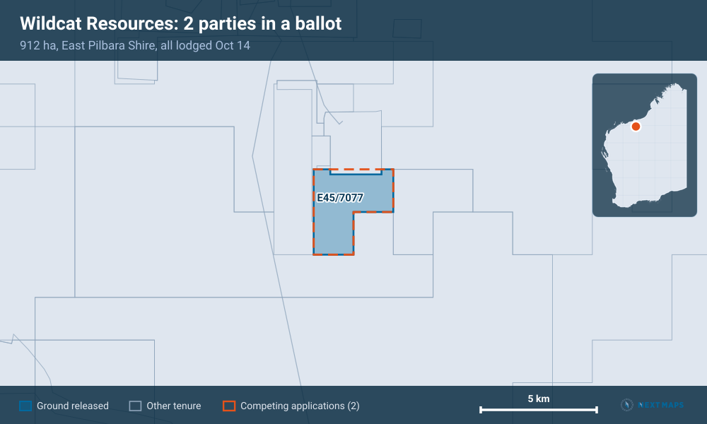 Wildcat Resources: 2 parties in a ballot: 912 ha, East Pilbara Shire, all lodged Oct 14