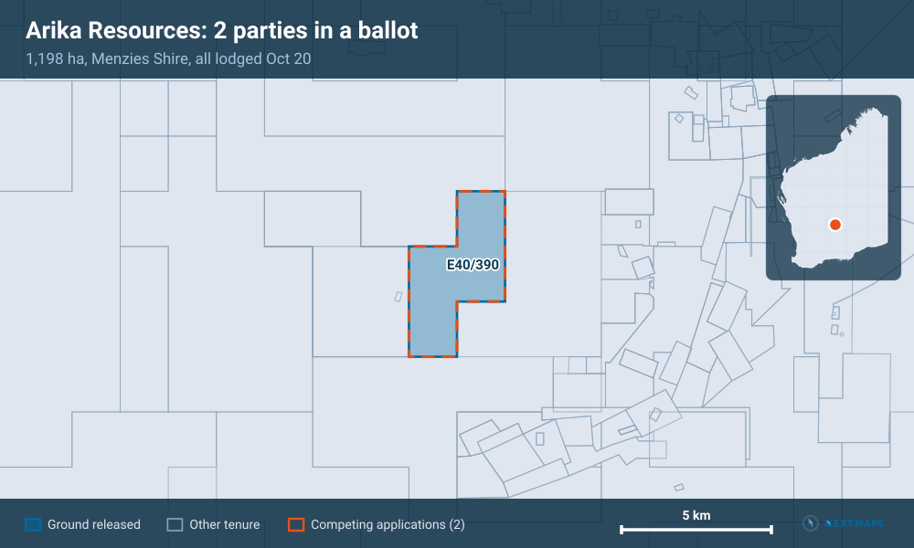 Arika Resources: 2 parties in a ballot: 1,198 ha, Menzies Shire, all lodged Oct 20