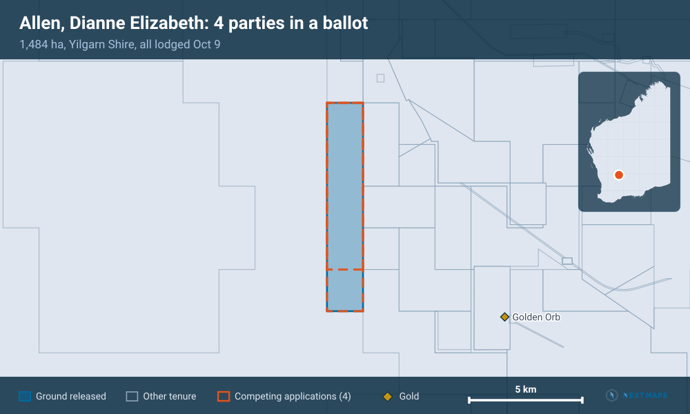Allen, Dianne Elizabeth: 4 parties in a ballot: 1,484 ha, Yilgarn Shire, all lodged Oct 9
