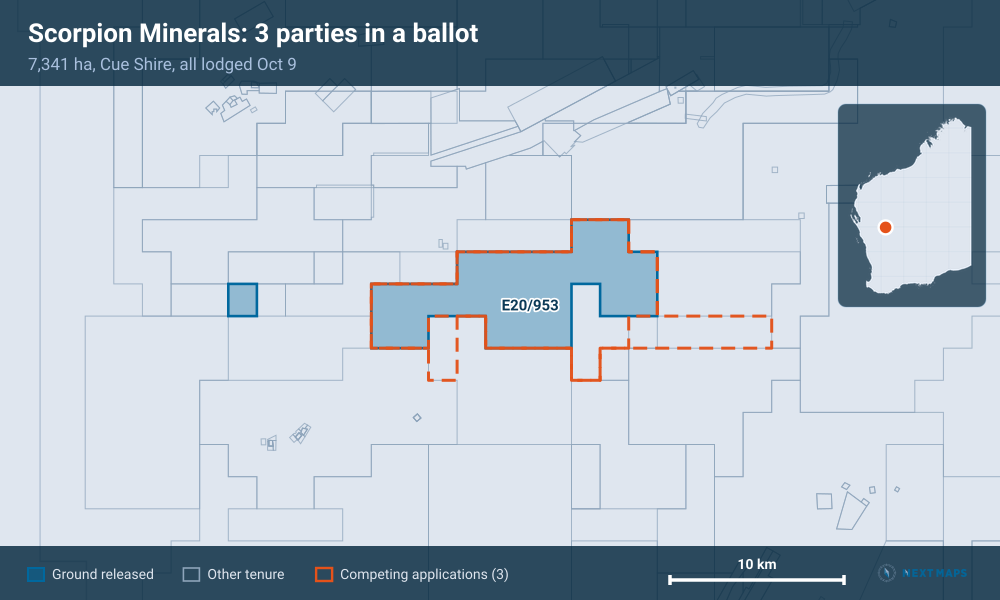 Scorpion Minerals: 3 parties in a ballot: 7,341 ha, Cue Shire, all lodged Oct 9
