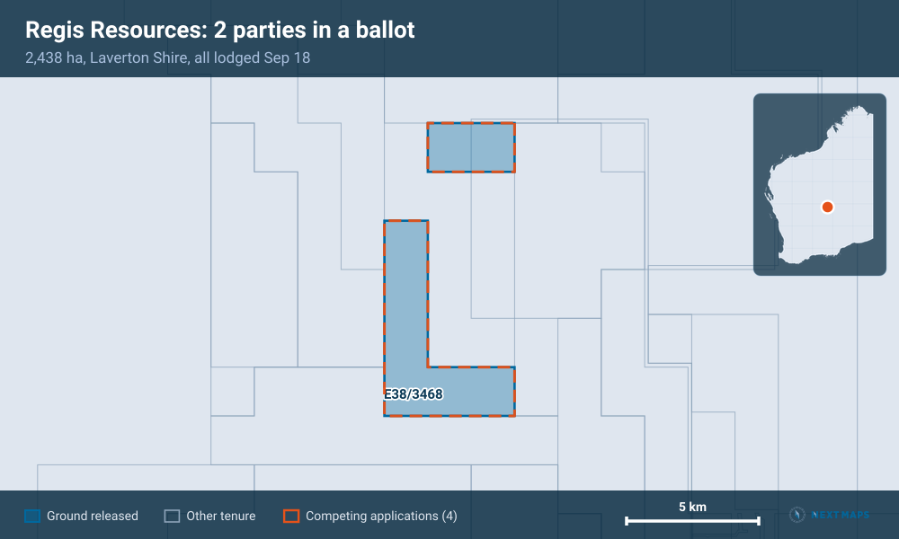 Regis Resources: 2 parties in a ballot: 2,438 ha, Laverton Shire, all lodged Sep 18