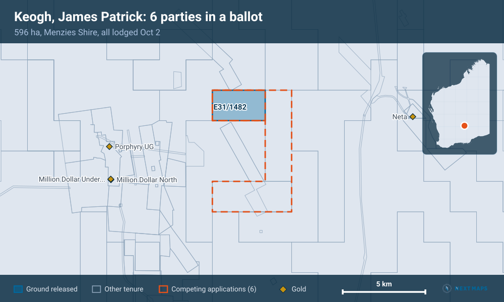 Keogh, James Patrick: 6 parties in a ballot: 596 ha, Menzies Shire, all lodged Oct 2