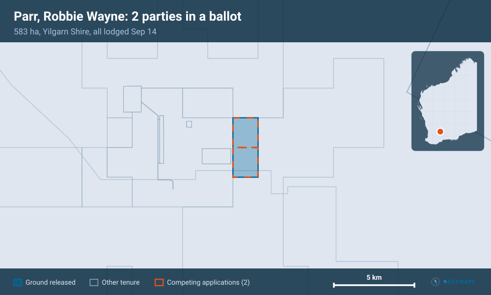 Parr, Robbie Wayne: 2 parties in a ballot: 583 ha, Yilgarn Shire, all lodged Sep 14