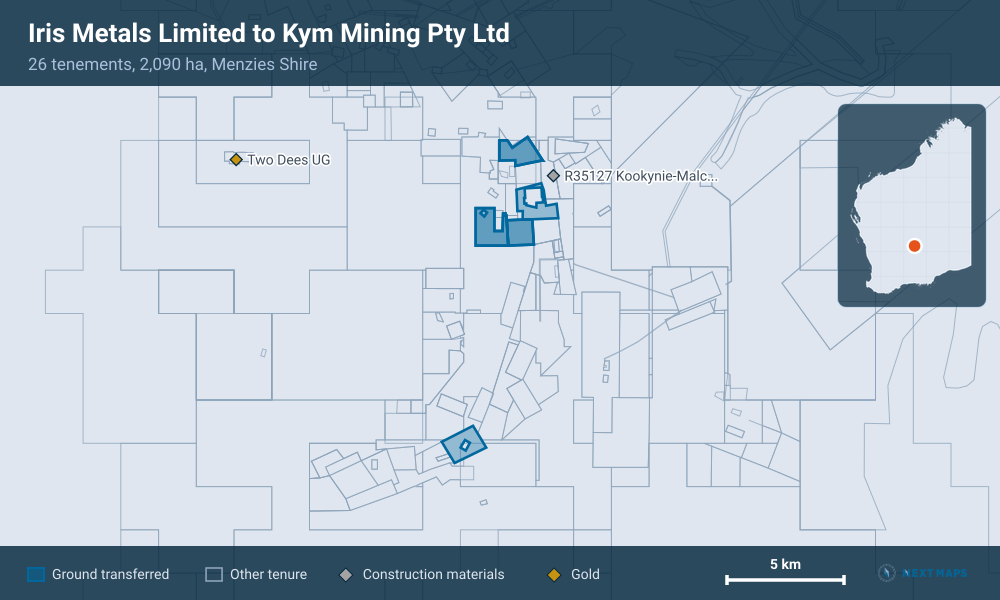 Iris Metals Limited to Kym Mining Pty Ltd: · 26 tenements, 2,090 ha, Menzies Shire