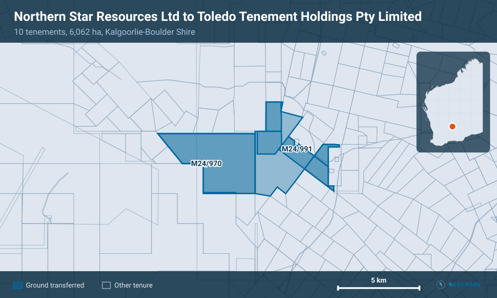 Northern Star Resources Ltd to Toledo Tenement Holdings Pty Limited: · 10 tenements, 6,062 ha, Kalgoorlie-Boulder Shire
