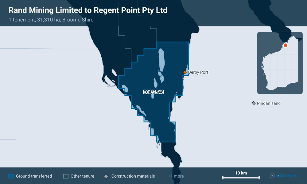 Rand Mining Limited to Regent Point Pty Ltd: · 1 tenement, 31,310 ha, Broome Shire