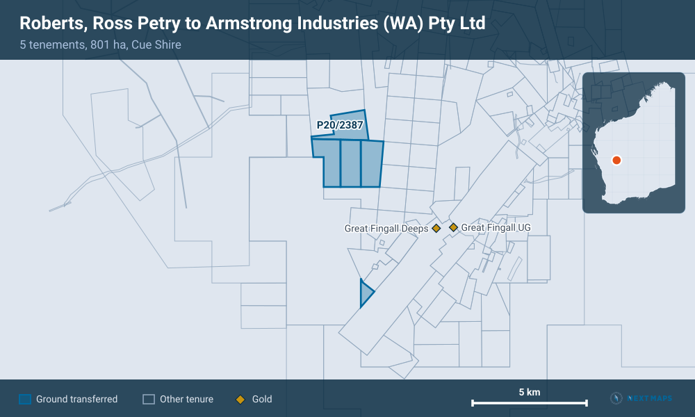 Roberts, Ross Petry to Armstrong Industries (WA) Pty Ltd: · 5 tenements, 801 ha, Cue Shire