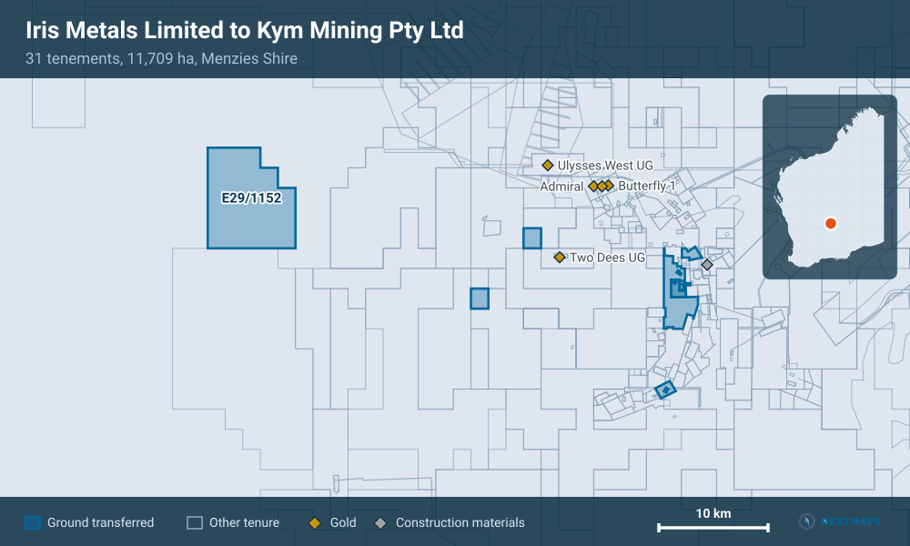 Iris Metals Limited to Kym Mining Pty Ltd: · 31 tenements, 11,709 ha, Menzies Shire