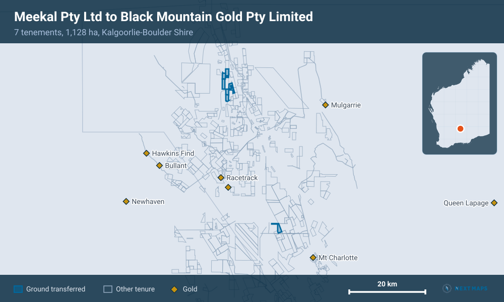 Meekal Pty Ltd to Black Mountain Gold Pty Limited: · 7 tenements, 1,128 ha, Kalgoorlie-Boulder Shire
