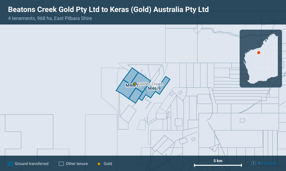 Beatons Creek Gold Pty Ltd to Keras (Gold) Australia Pty Ltd: · 4 tenements, 968 ha, East Pilbara Shire