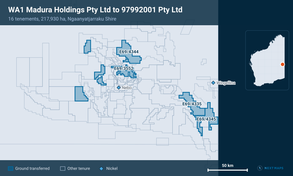 WA1 Madura Holdings Pty Ltd to 97992001 Pty Ltd: · 16 tenements, 217,930 ha, Ngaanyatjarraku Shire