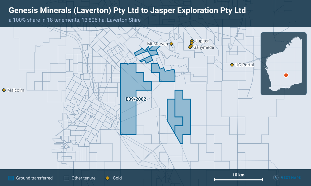 Genesis Minerals (Laverton) Pty Ltd to Jasper Exploration Pty Ltd: · a 100% share in 18 tenements, 13,806 ha, Laverton Shire