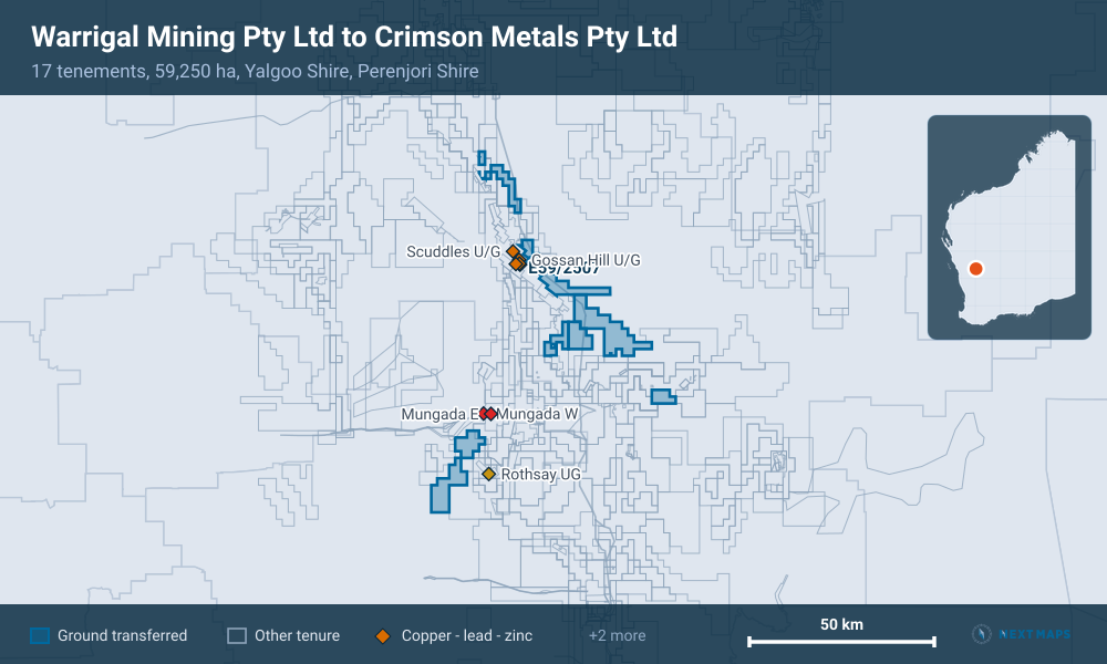 Warrigal Mining Pty Ltd to Crimson Metals Pty Ltd: · 17 tenements, 59,250 ha, Yalgoo Shire, Perenjori Shire