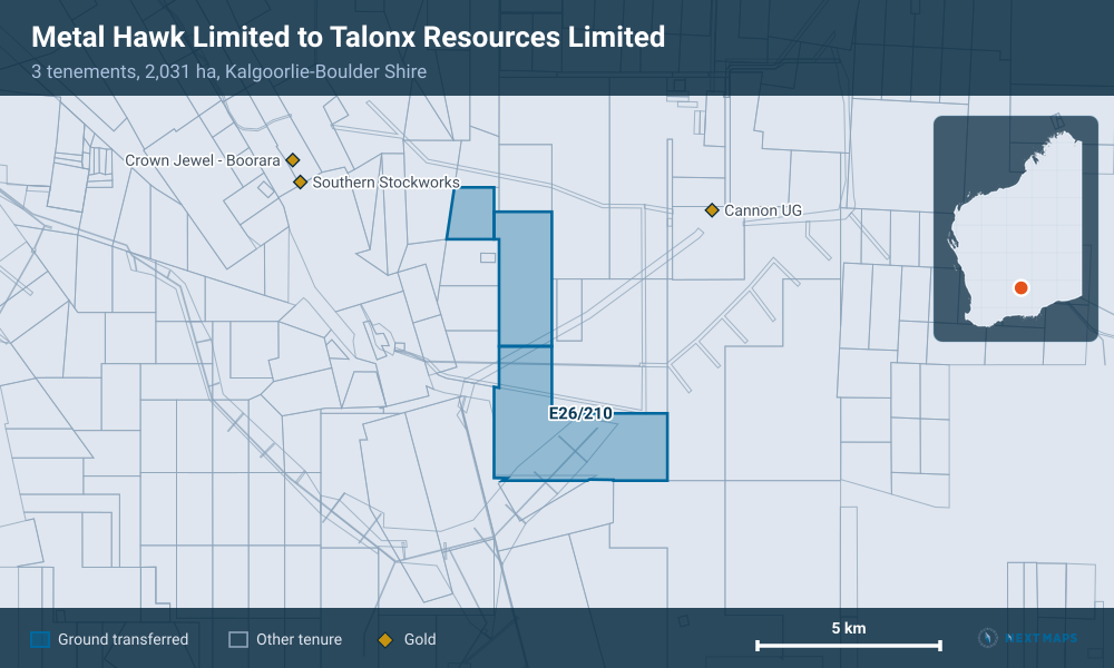 Metal Hawk Limited to Talonx Resources Limited: · 3 tenements, 2,031 ha, Kalgoorlie-Boulder Shire