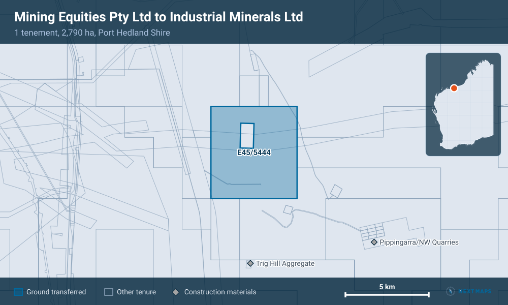 Mining Equities Pty Ltd to Industrial Minerals Ltd: · 1 tenement, 2,790 ha, Port Hedland Shire