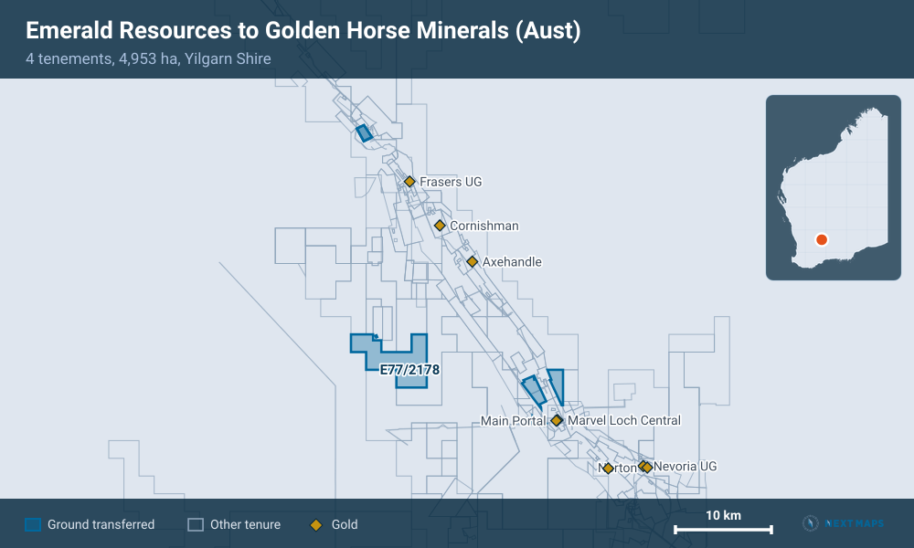 Emerald Resources to Golden Horse Minerals (Aust): · 4 tenements, 4,953 ha, Yilgarn Shire
