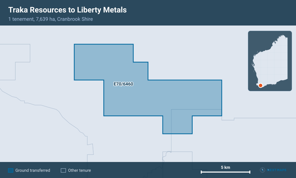 Traka Resources to Liberty Metals: · 1 tenement, 7,639 ha, Cranbrook Shire