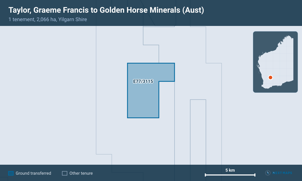Taylor, Graeme Francis to Golden Horse Minerals (Aust): · 1 tenement, 2,066 ha, Yilgarn Shire