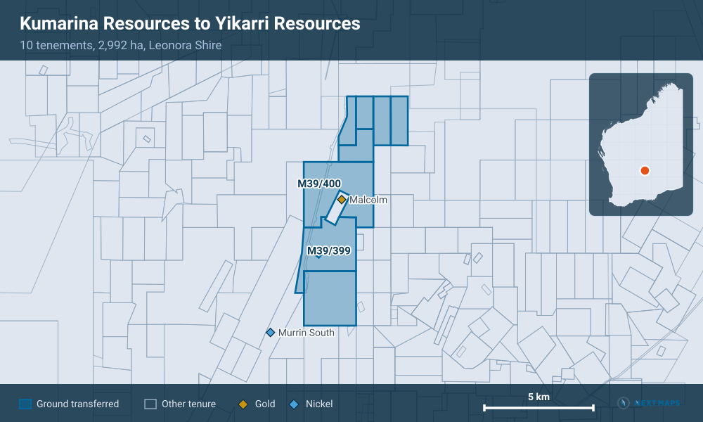Kumarina Resources to Yikarri Resources: · 10 tenements, 2,992 ha, Leonora Shire