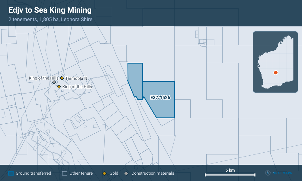 Edjv to Sea King Mining: · 2 tenements, 1,805 ha, Leonora Shire