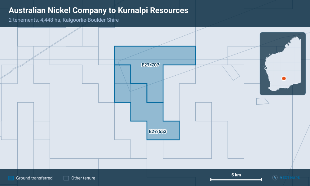Australian Nickel Company to Kurnalpi Resources: · 2 tenements, 4,448 ha, Kalgoorlie-Boulder Shire