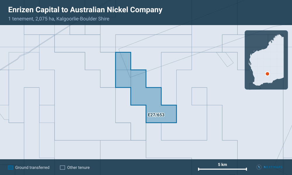 Enrizen Capital to Australian Nickel Company: · 1 tenement, 2,075 ha, Kalgoorlie-Boulder Shire