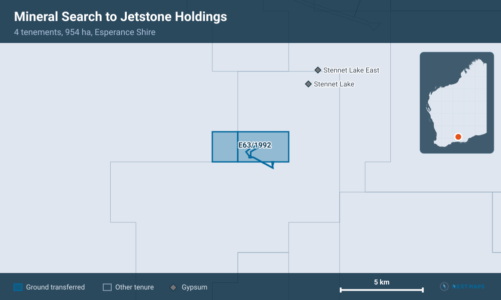 Mineral Search to Jetstone Holdings: · 4 tenements, 954 ha, Esperance Shire
