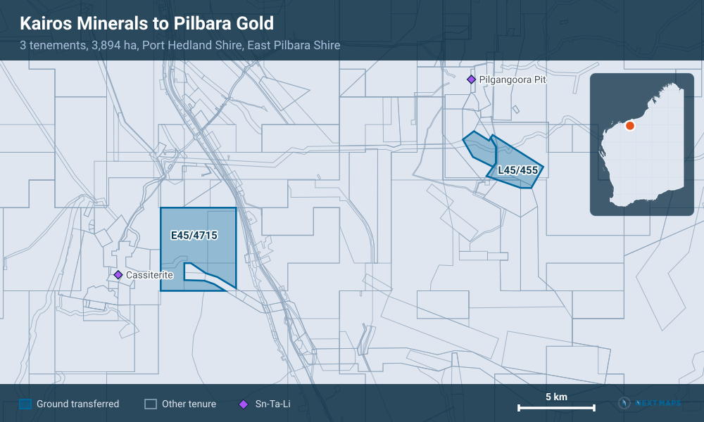 Kairos Minerals to Pilbara Gold: · 3 tenements, 3,894 ha, Port Hedland Shire, East Pilbara Shire