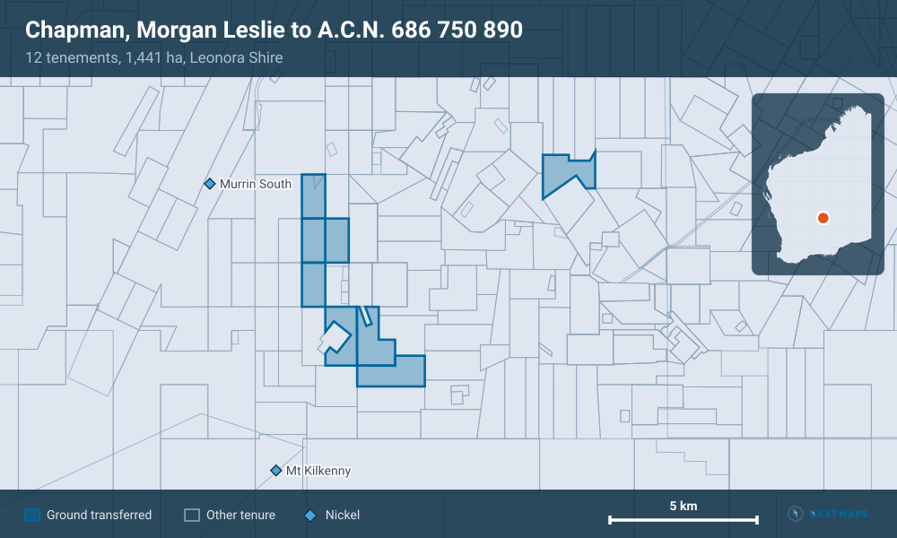 Chapman, Morgan Leslie to A.C.N. 686 750 890: · 12 tenements, 1,441 ha, Leonora Shire