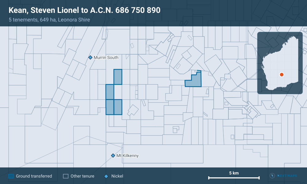 Kean, Steven Lionel to A.C.N. 686 750 890: · 5 tenements, 649 ha, Leonora Shire
