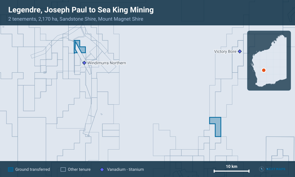 Legendre, Joseph Paul to Sea King Mining: · 2 tenements, 2,170 ha, Sandstone Shire, Mount Magnet Shire
