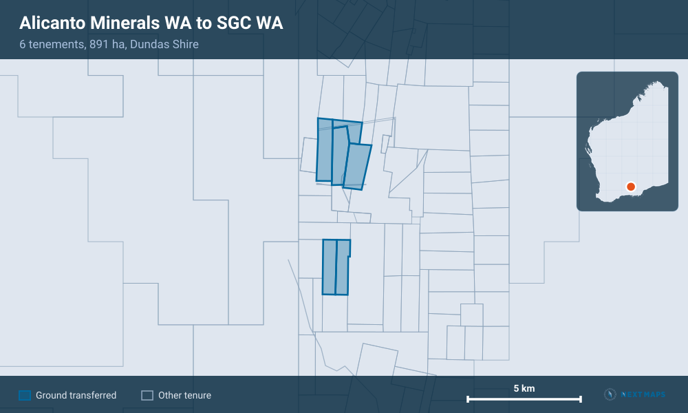 Alicanto Minerals WA to SGC WA: · 6 tenements, 891 ha, Dundas Shire