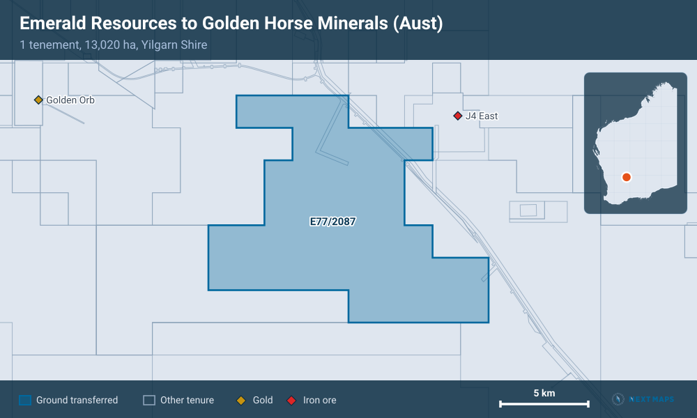 Emerald Resources to Golden Horse Minerals (Aust): · 1 tenement, 13,020 ha, Yilgarn Shire