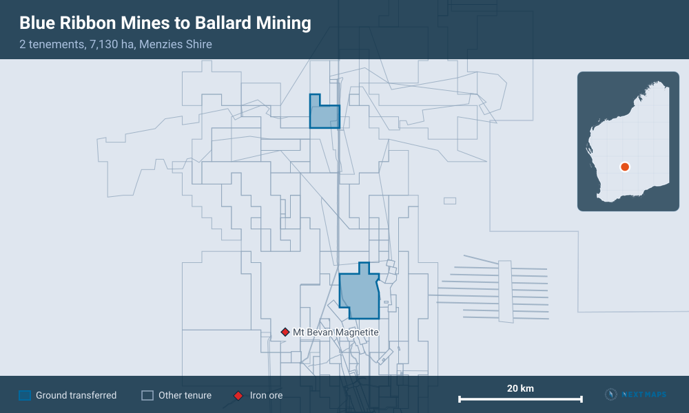 Blue Ribbon Mines to Ballard Mining: · 2 tenements, 7,130 ha, Menzies Shire