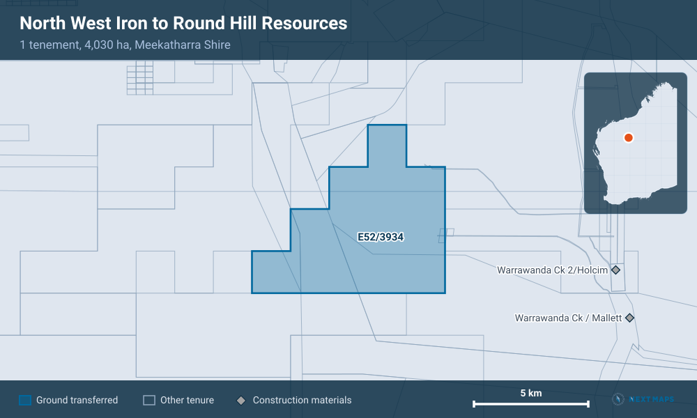 North West Iron to Round Hill Resources: · 1 tenement, 4,030 ha, Meekatharra Shire