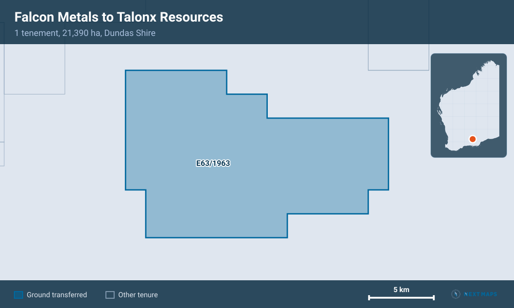 Falcon Metals to Talonx Resources: · 1 tenement, 21,390 ha, Dundas Shire
