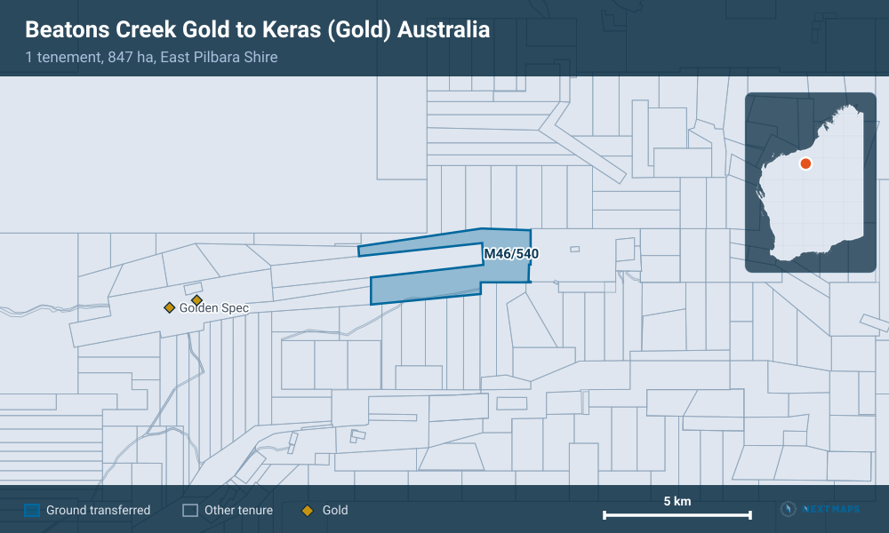 Beatons Creek Gold to Keras (Gold) Australia: · 1 tenement, 847 ha, East Pilbara Shire