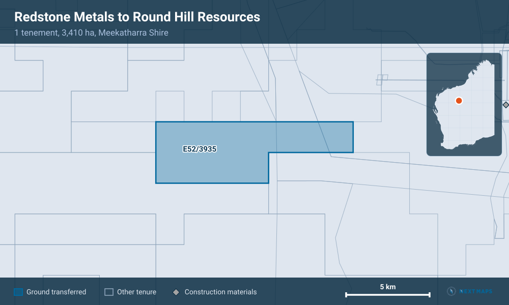 Redstone Metals to Round Hill Resources: · 1 tenement, 3,410 ha, Meekatharra Shire