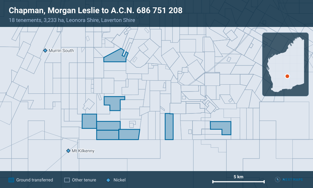 Chapman, Morgan Leslie to A.C.N. 686 751 208: · 18 tenements, 3,233 ha, Leonora Shire, Laverton Shire