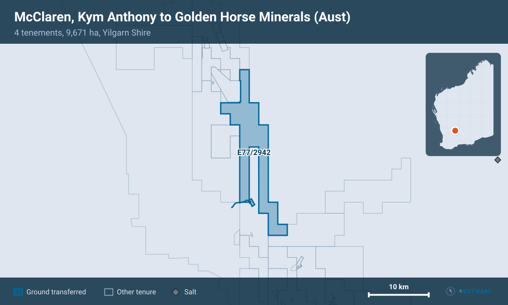 McClaren, Kym Anthony to Golden Horse Minerals (Aust): · 4 tenements, 9,671 ha, Yilgarn Shire