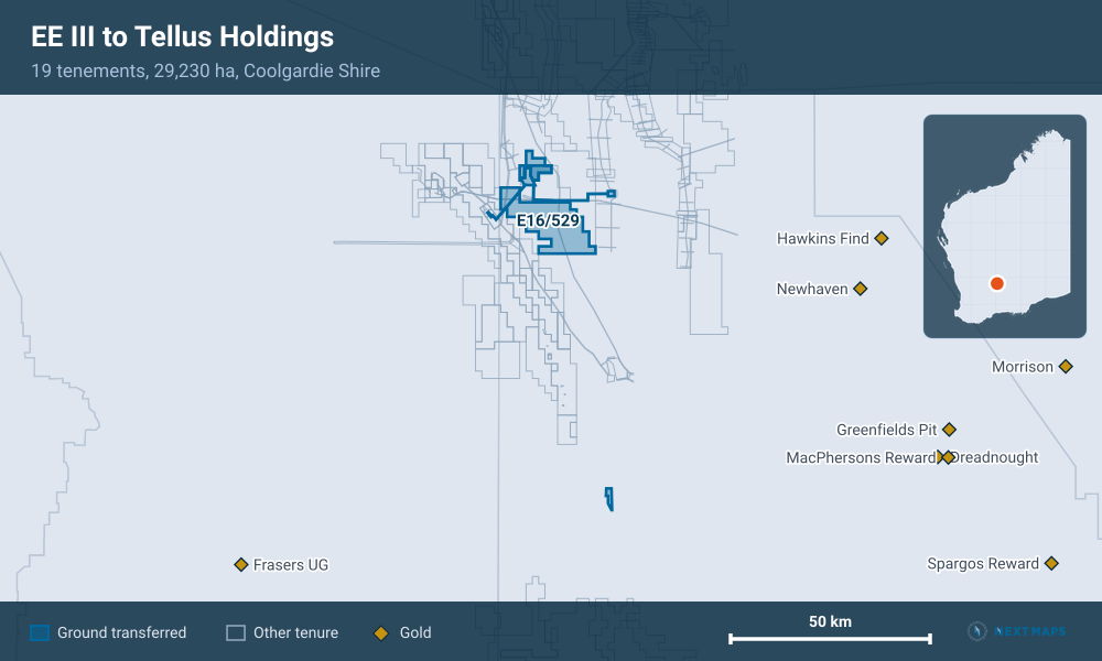 EE III to Tellus Holdings: · 19 tenements, 29,230 ha, Coolgardie Shire