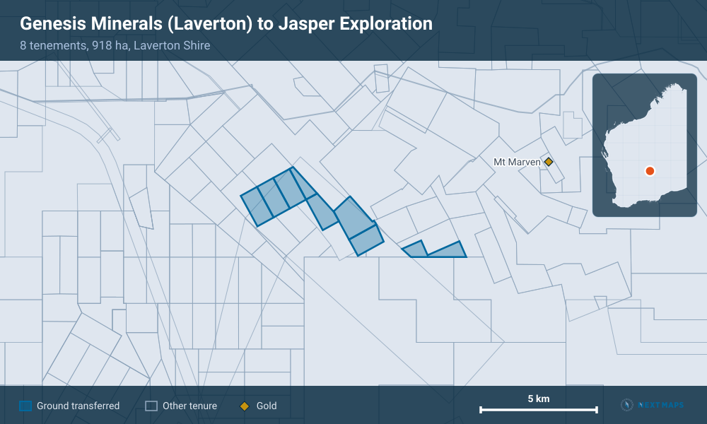 Genesis Minerals (Laverton) to Jasper Exploration: · 8 tenements, 918 ha, Laverton Shire