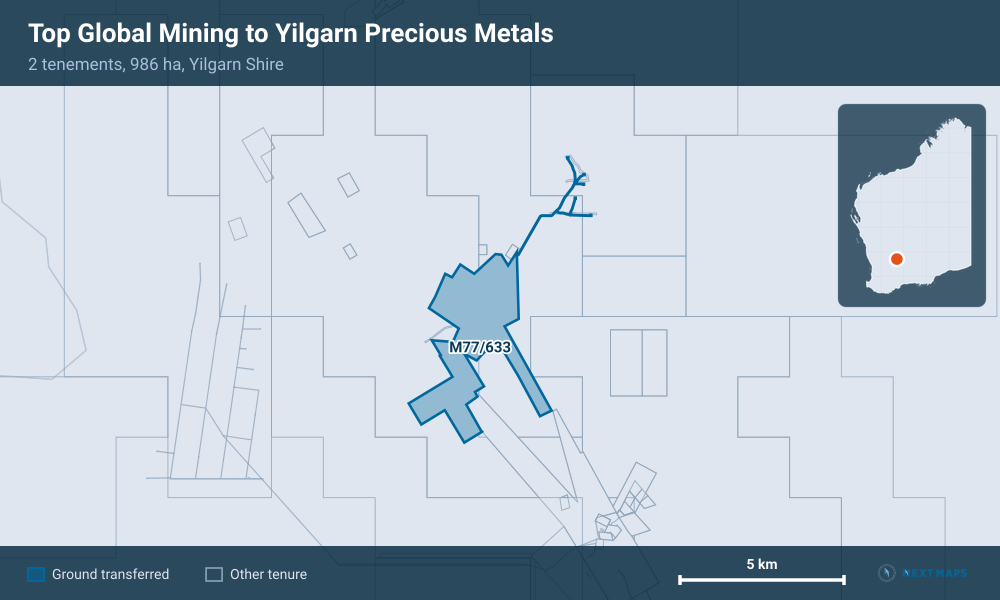 Top Global Mining to Yilgarn Precious Metals: · 2 tenements, 986 ha, Yilgarn Shire