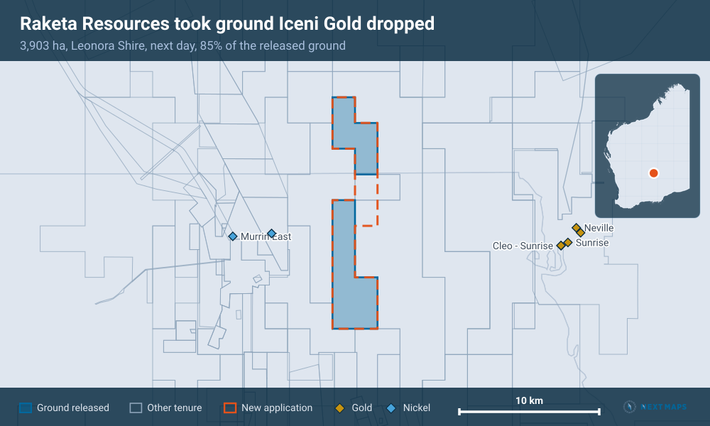 Raketa Resources took ground Iceni Gold dropped: 3,903 ha, Leonora Shire, next day, 85% of the released ground