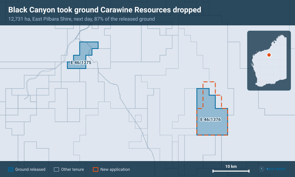 Black Canyon took ground Carawine Resources dropped: 12,731 ha, East Pilbara Shire, next day, 87% of the released ground
