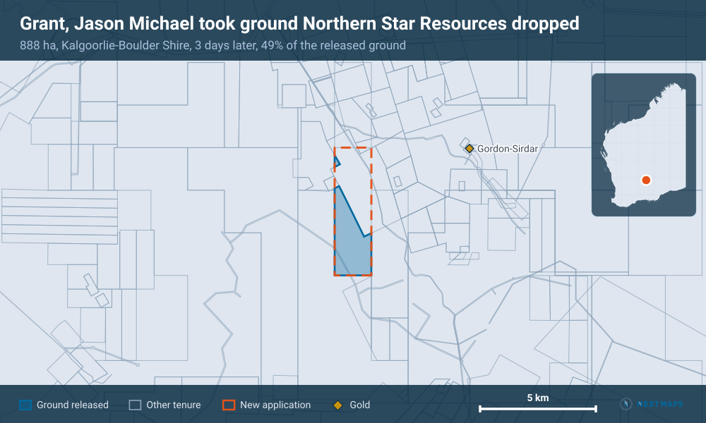 Grant, Jason Michael took ground Northern Star Resources dropped: 888 ha, Kalgoorlie-Boulder Shire, 3 days later, 49% of the released ground