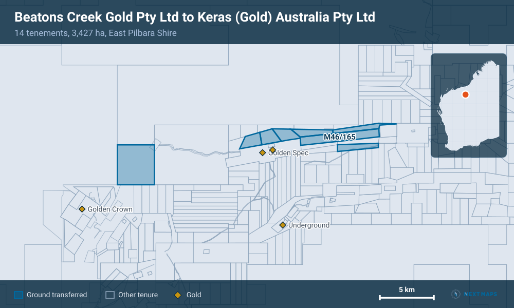 Beatons Creek Gold Pty Ltd to Keras (Gold) Australia Pty Ltd: · 14 tenements, 3,427 ha, East Pilbara Shire