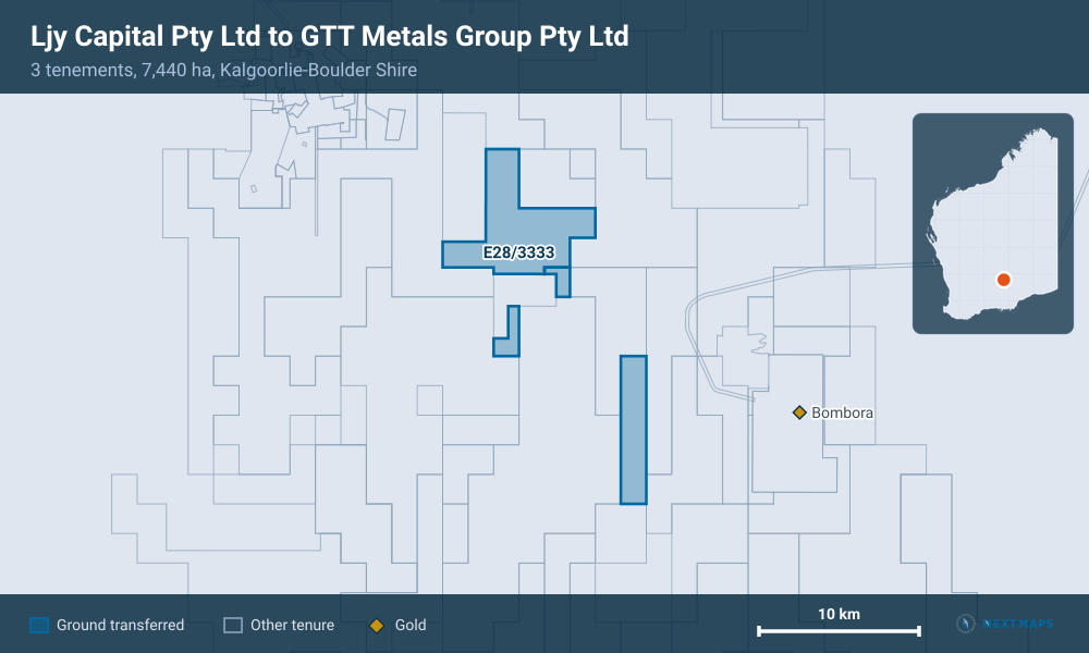 Ljy Capital Pty Ltd to GTT Metals Group Pty Ltd: · 3 tenements, 7,440 ha, Kalgoorlie-Boulder Shire