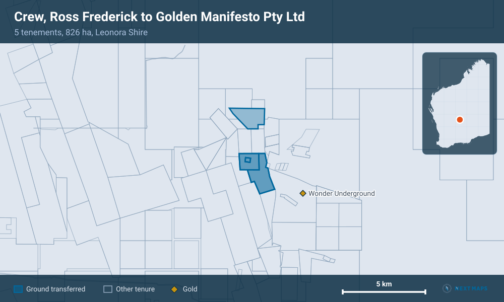 Crew, Ross Frederick to Golden Manifesto Pty Ltd: · 5 tenements, 826 ha, Leonora Shire