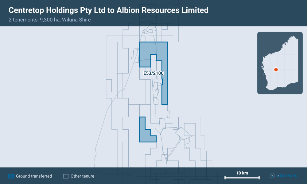 Centretop Holdings Pty Ltd to Albion Resources Limited: · 2 tenements, 9,300 ha, Wiluna Shire